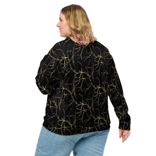 Black and Gold Bomber Jacket: Abstract Leaf Pattern, Lightweight Outerwear