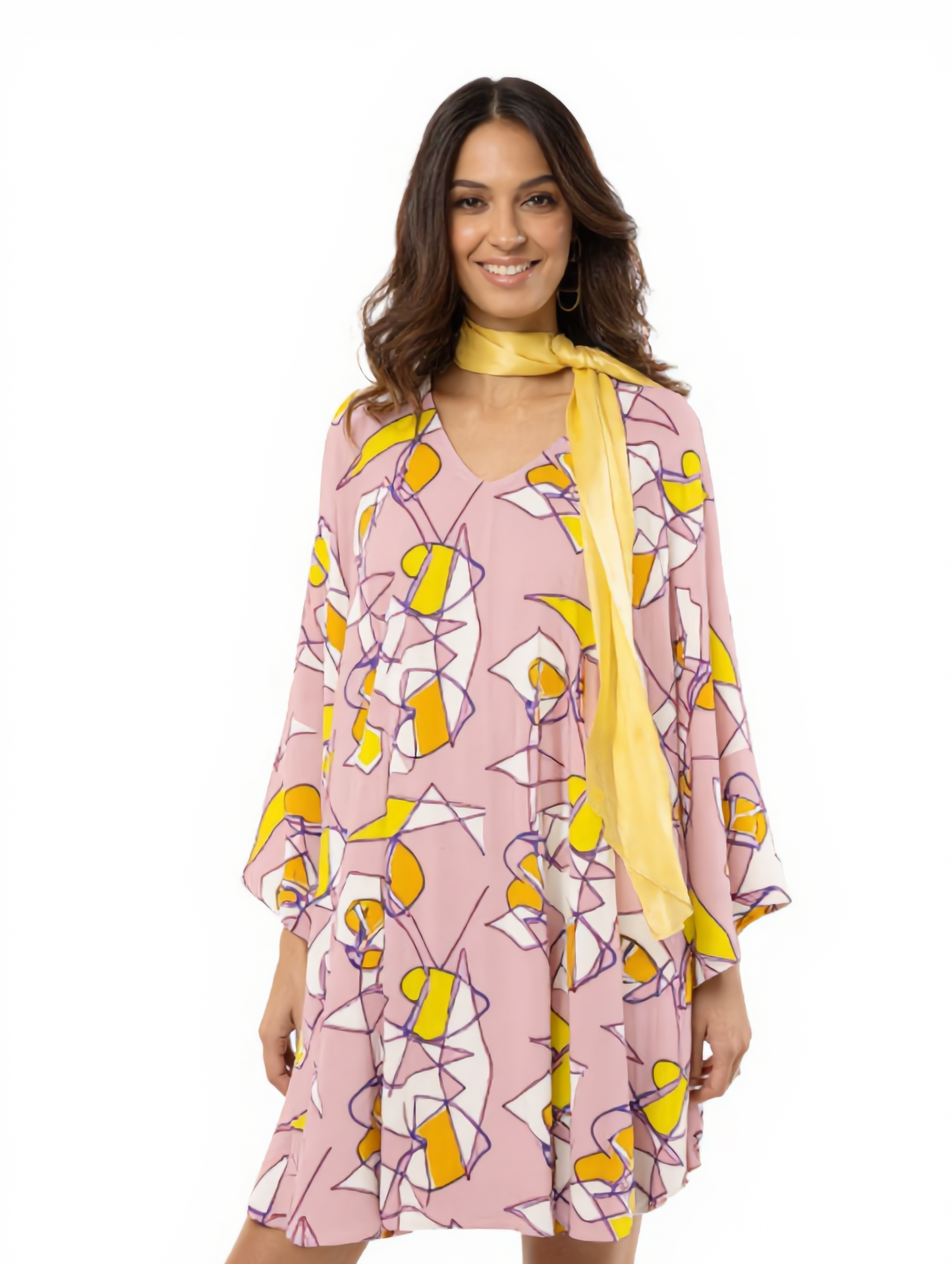 Abstract Geometric Print V-Neck Kaftan – Lavender & Citron Yellow