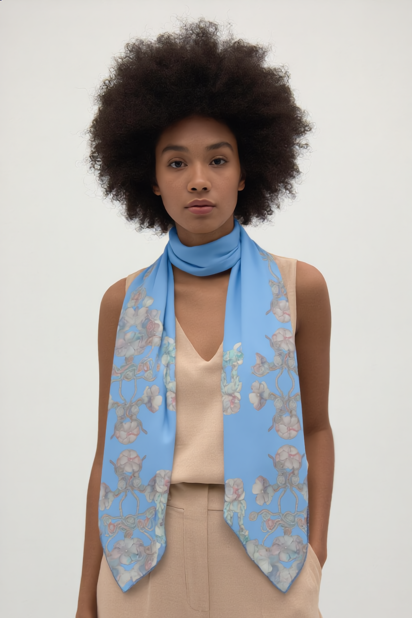 Floral Blue Silk-Feel Scarf — Romantic Vintage Blossom Print