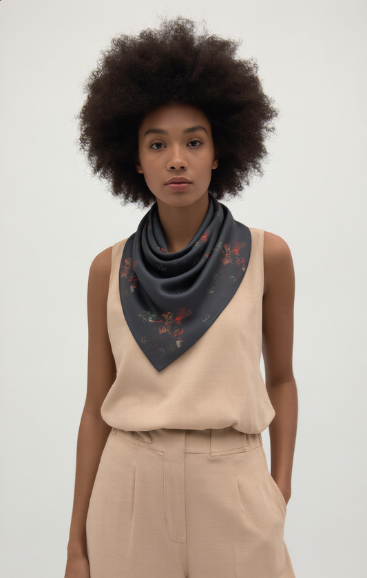 Floral Moonlight Scarf — Dark Botanical Print Poly Scarf