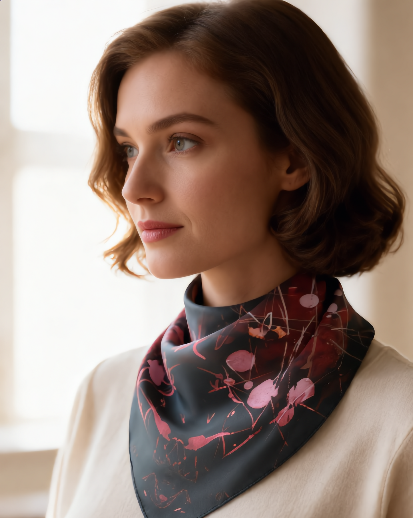 Abstract Rose-Red Silk Scarf — Floral Splatter Square Scarf