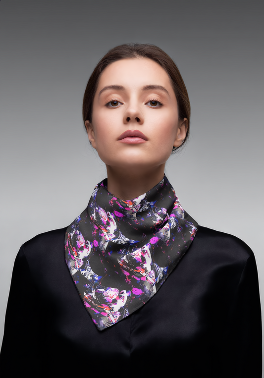 Silky Floral Skull Scarf — Dark Purple Rose Pattern