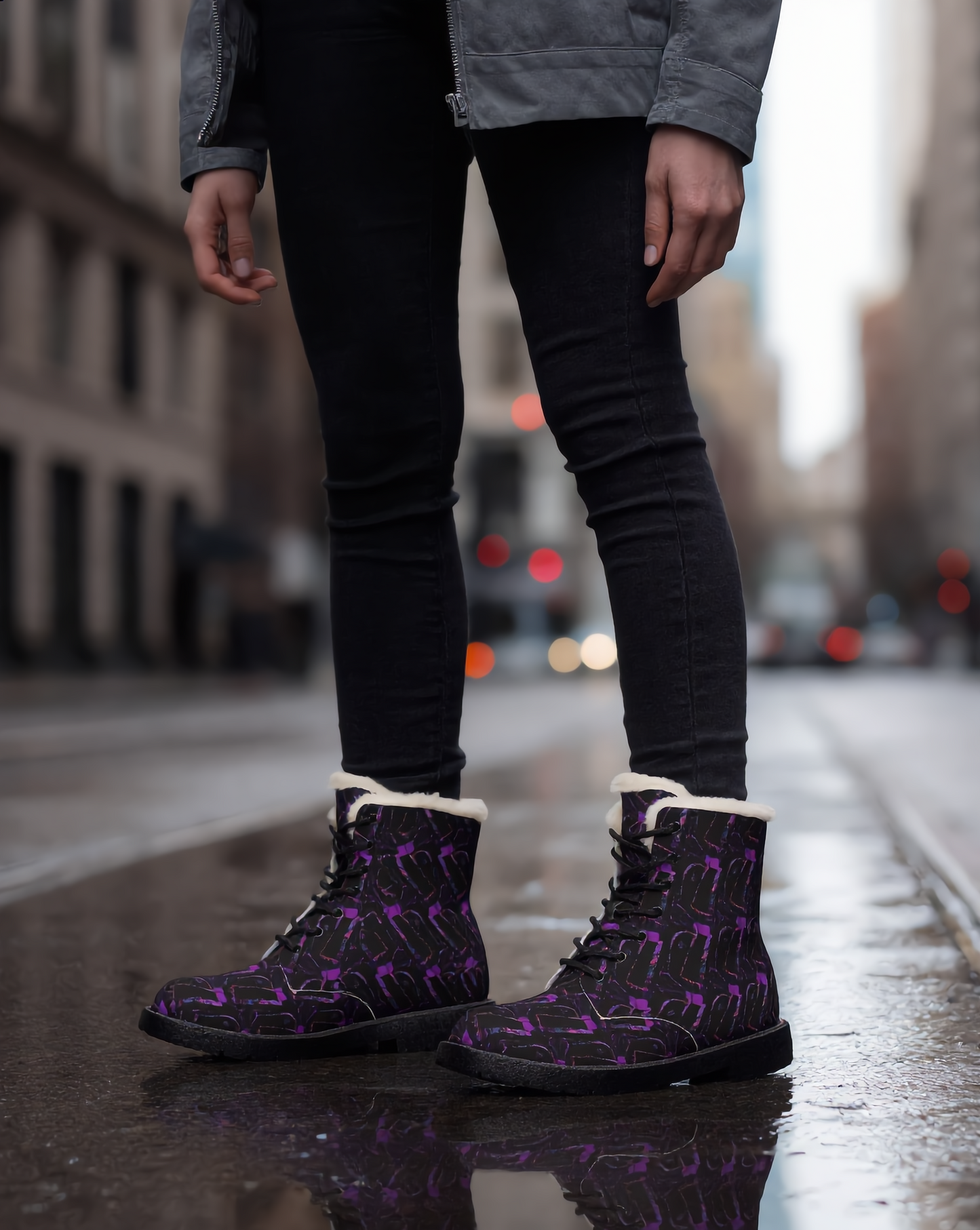 Purple Graffiti Fur-Lined Leather Boots — Women's Cozy Winter Combat Style
