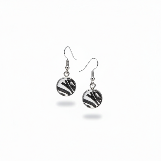 Silver Round Zebra Print Cabochon Drop Earrings
