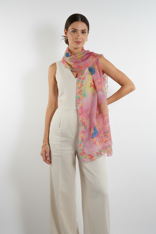 Pink and lime green scarf with rubber bands lace