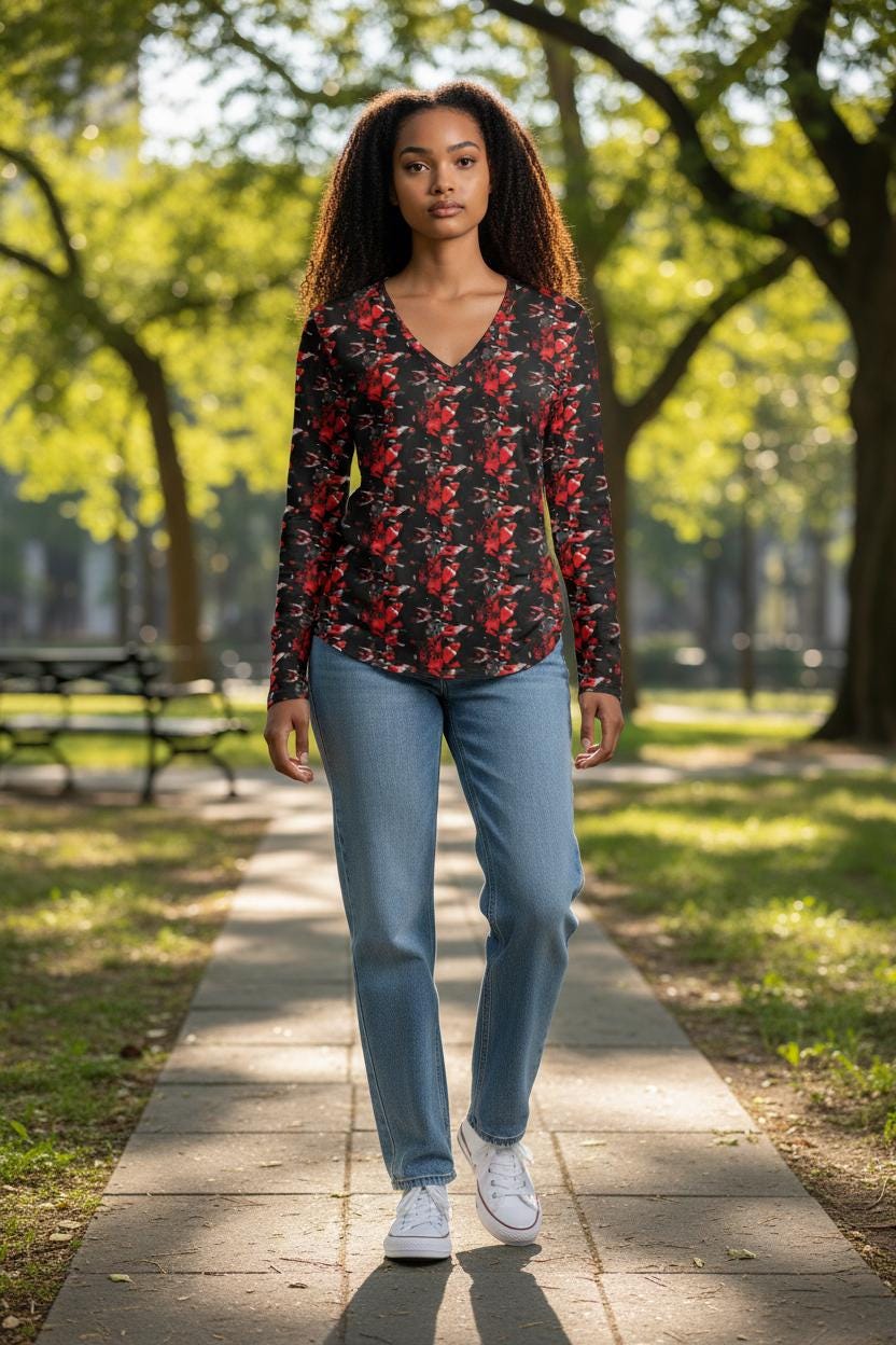 Abstract V-Neck Long Sleeve Shirt: Bohemian Women's Top