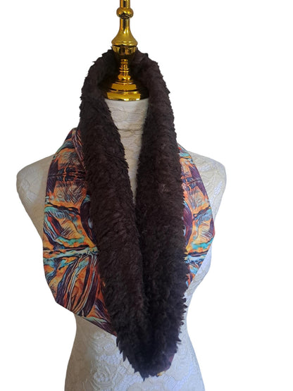 abstract  golden yellow winters scarf, elegant soft velvet scarf or snood. unisex gift for Christmas. luxurious velvet snood scarf