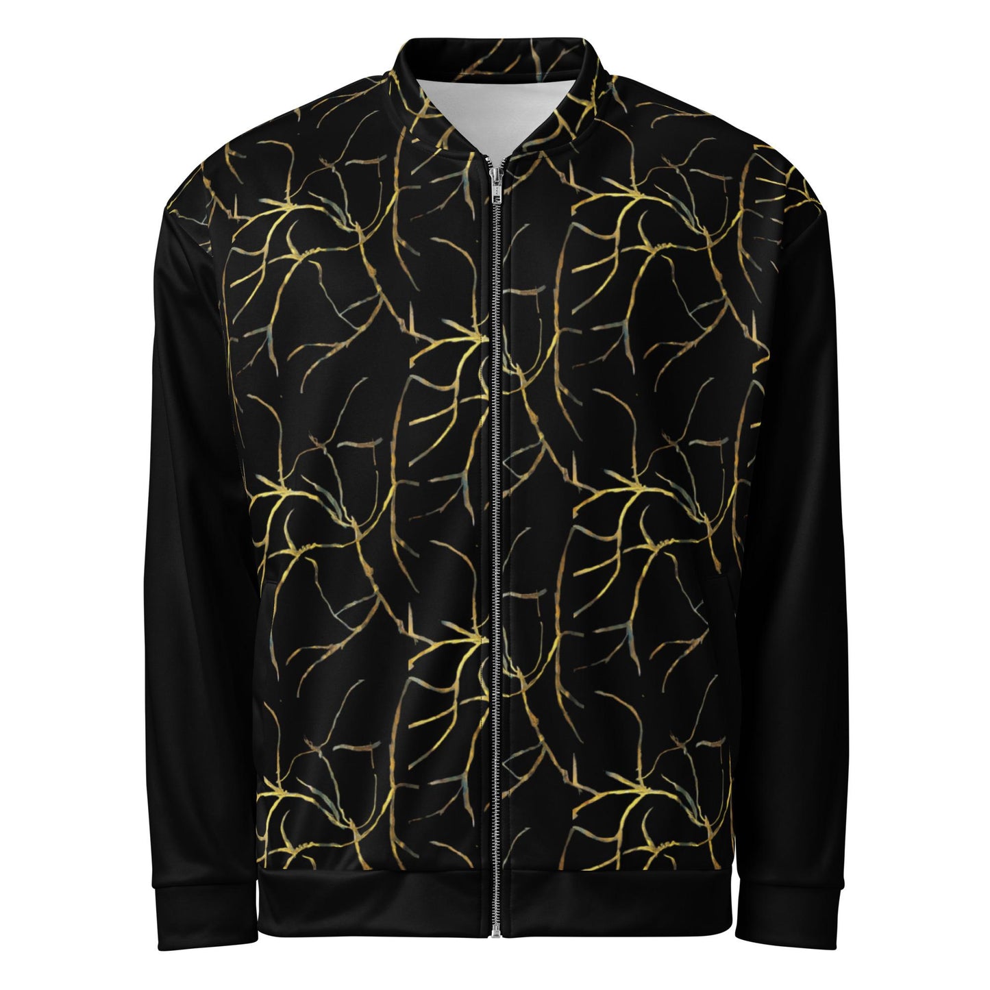 Plus Size Bomber Jacket: Black with Gold Geometric Print