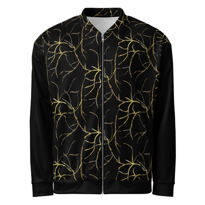 Plus Size Bomber Jacket: Black with Gold Geometric Print