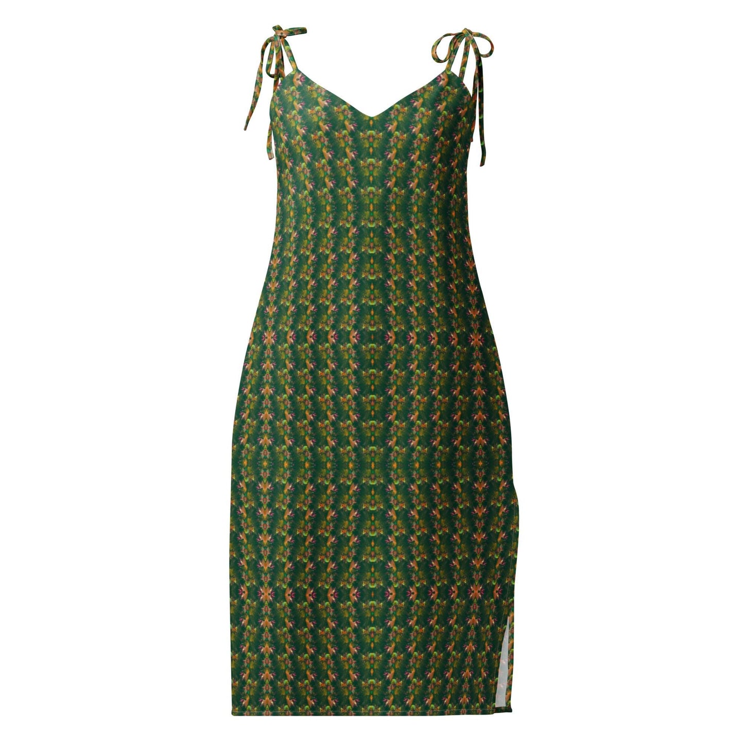 Emerald Earth-Tone Slip Dress | Sleeveless V-Neck Midi | Bohemian Garden Party Dress