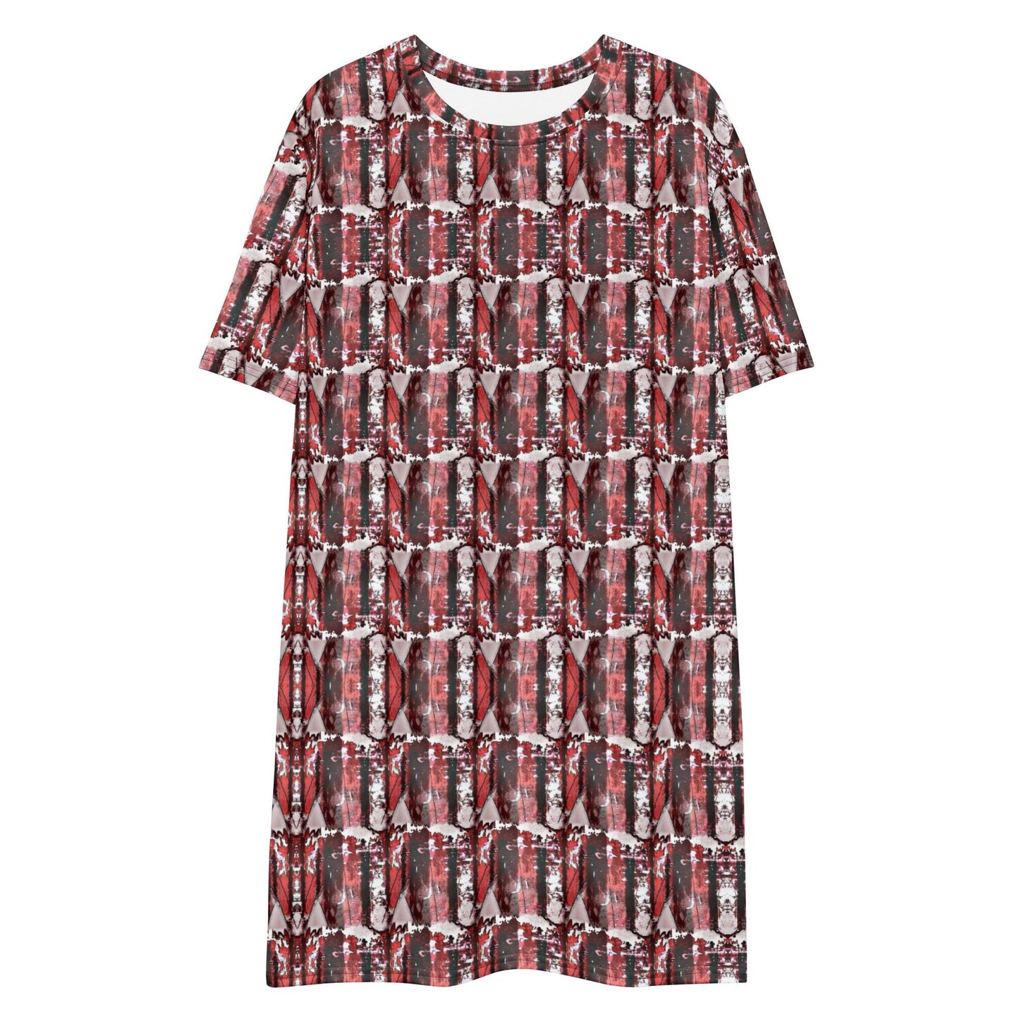 Abstract Red Black Striped T-Shirt Mini Dress: Oversized Drop Shoulder