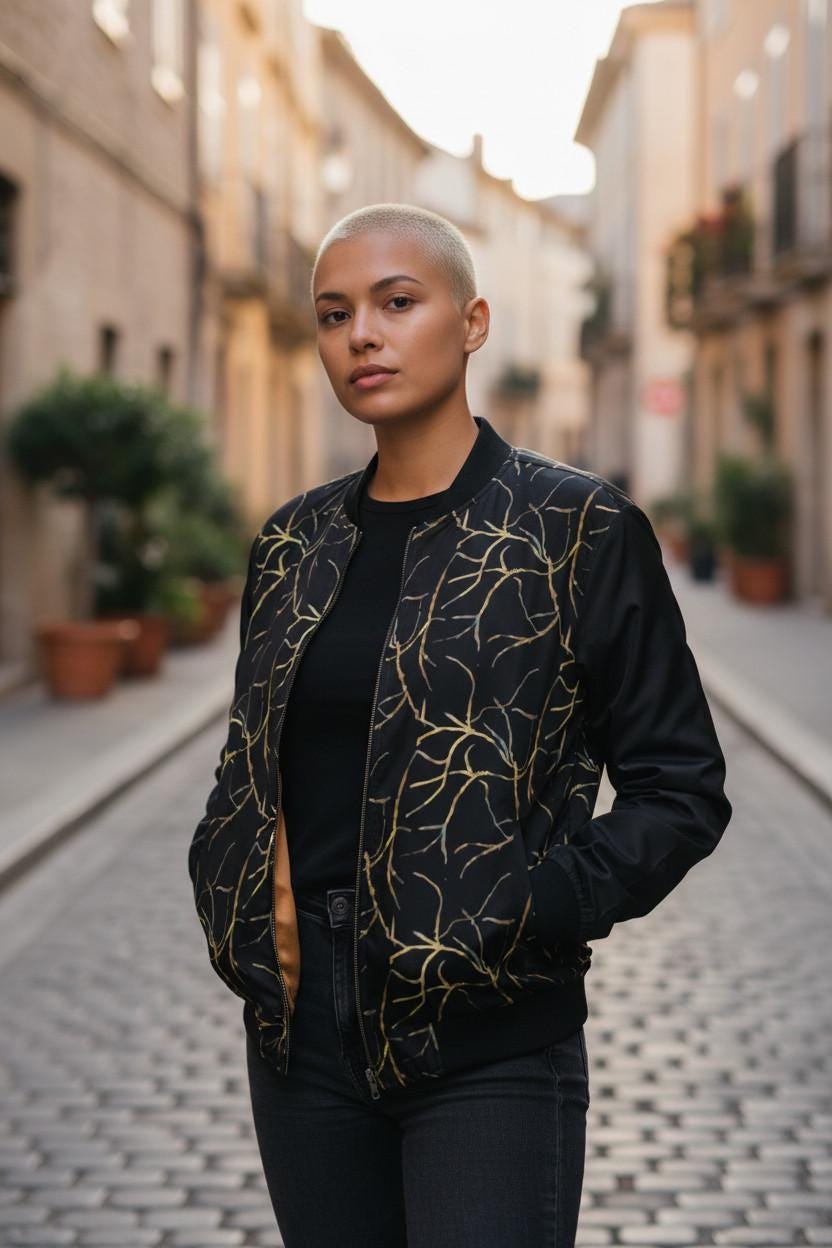 Plus Size Bomber Jacket: Black with Gold Geometric Print