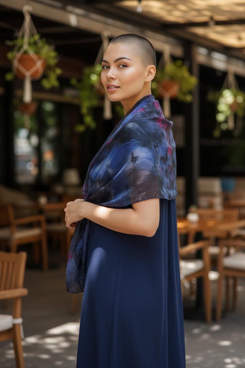 Black and Blue Ice-Dyed Scarf: Handmade Elegant Fashion
