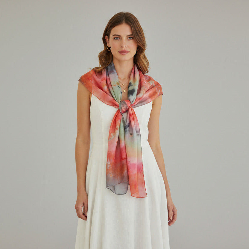 Ice-Dyed Long Scarf: Bronze & Blue Lightweight Soft Shawl