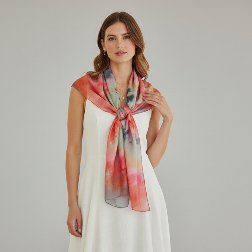 Ice-Dyed Long Scarf: Bronze & Blue Lightweight Soft Shawl