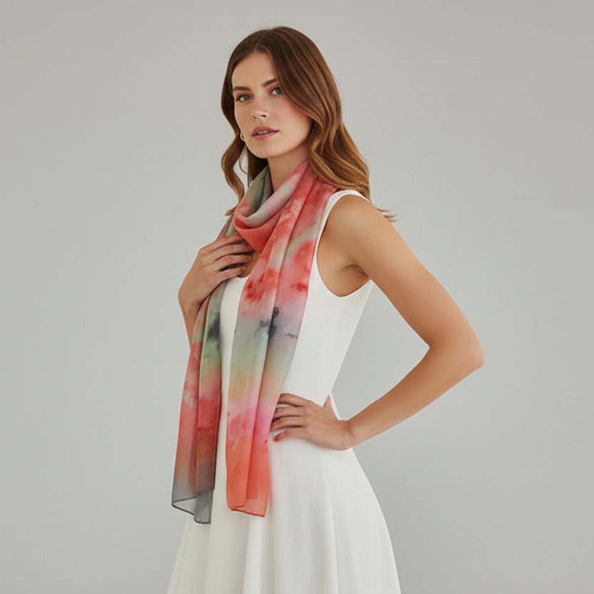 Ice-Dyed Long Scarf: Bronze & Blue Lightweight Soft Shawl