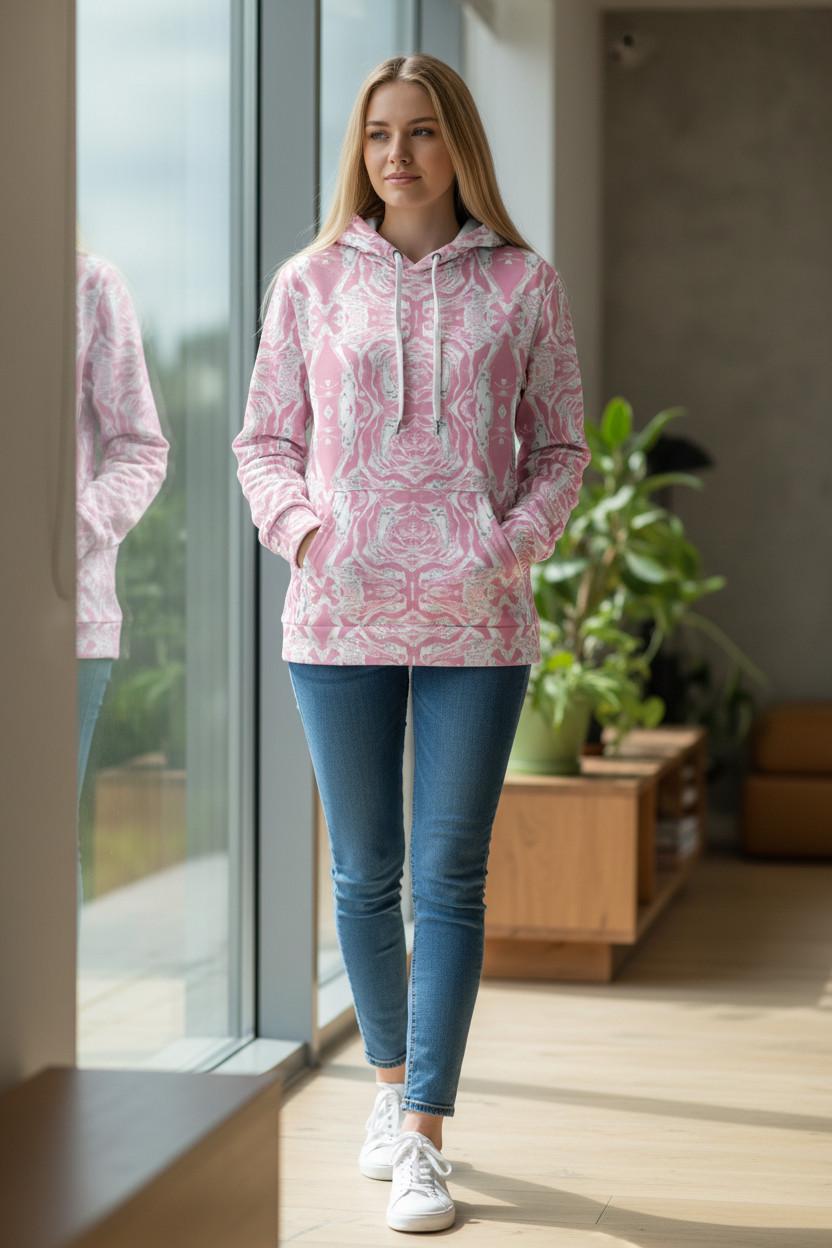 Pink Marble Print Hoodie with Pocket