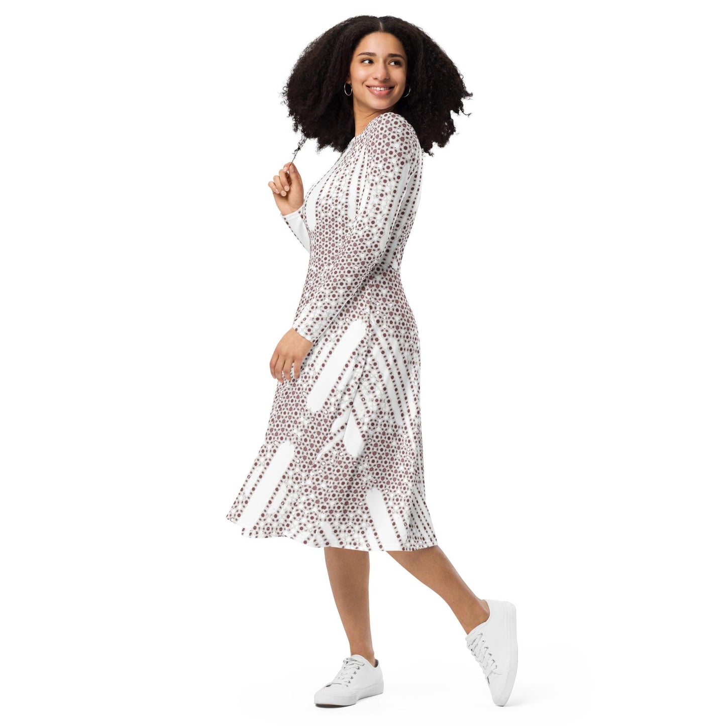 Bronze & White Skater Dress | Long Sleeve Midi with Pockets