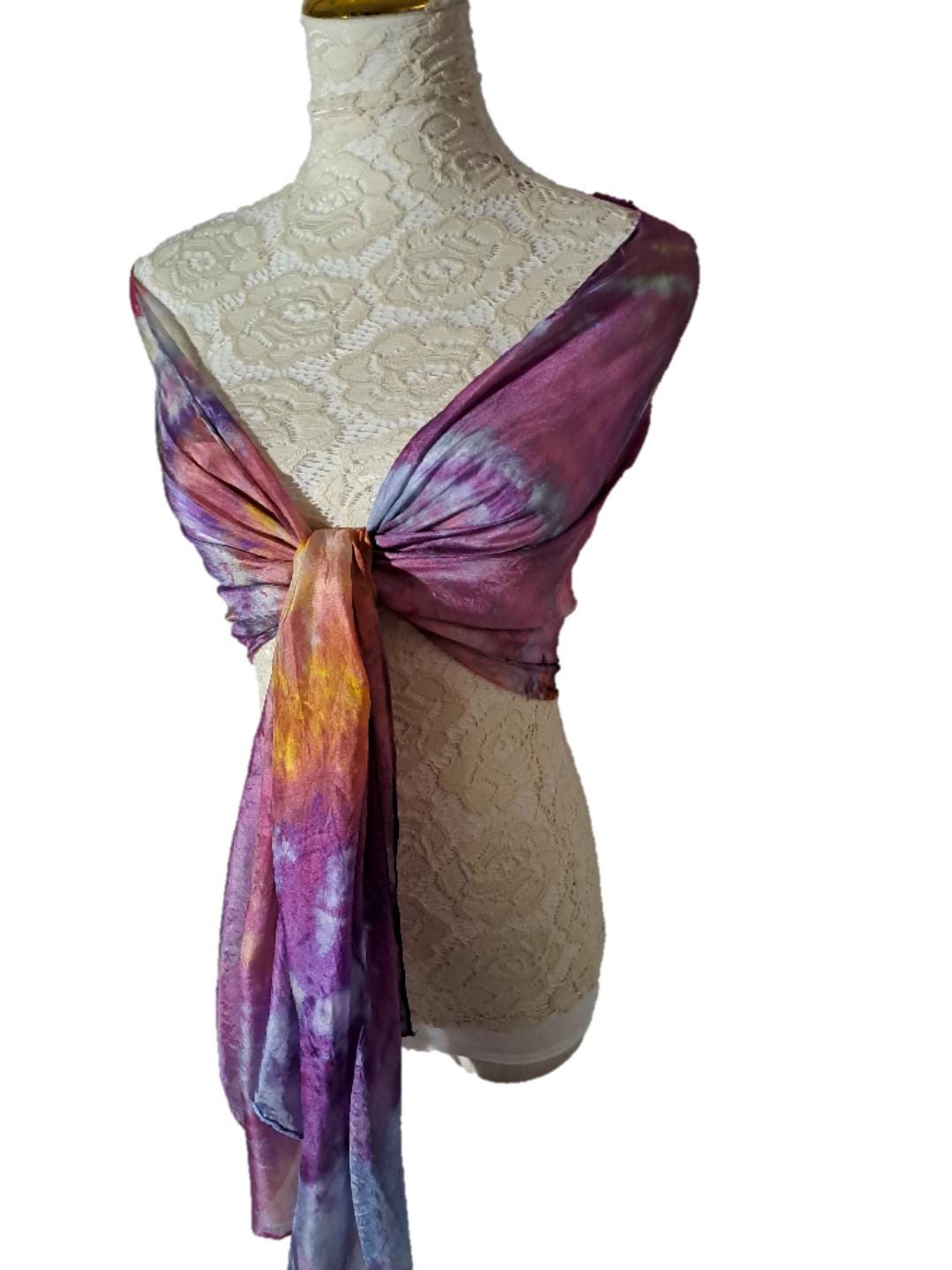 Hand Dyed Silk Scarf: Purple Orange Watercolor Boho Shawl