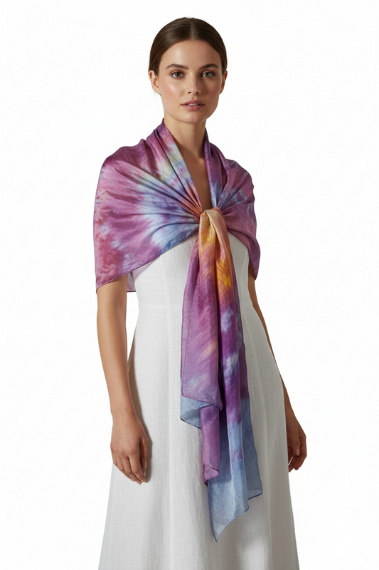Hand Dyed Silk Scarf: Purple Orange Watercolor Boho Shawl