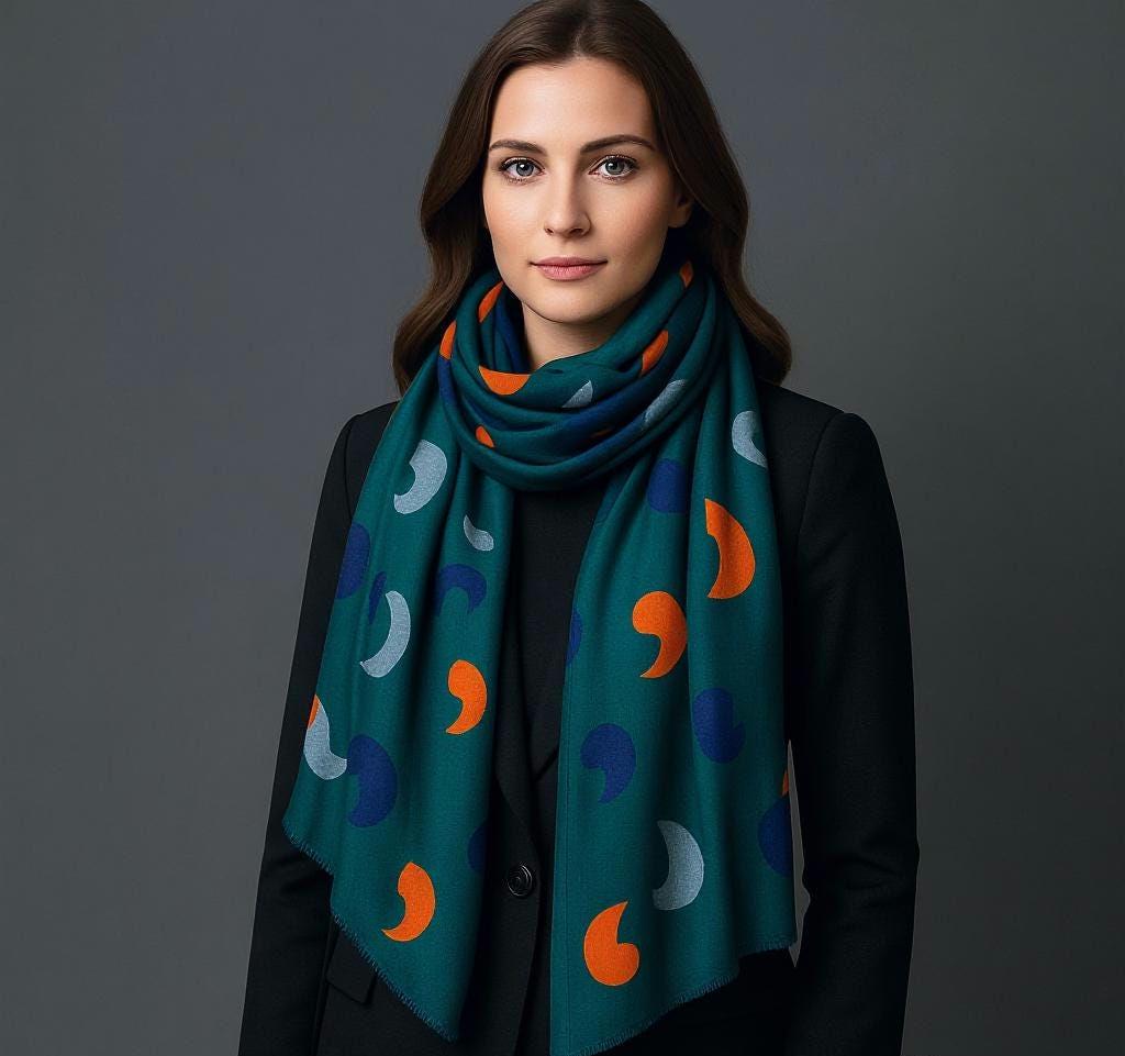 Teal Moon Phase Scarf – Soft Wool Blend Shawl with Abstract Crescent Pattern | Elegant Winter Wrap for Women | Cozy Gift Idea