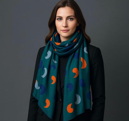 Teal Moon Phase Scarf – Soft Wool Blend Shawl with Abstract Crescent Pattern | Elegant Winter Wrap for Women | Cozy Gift Idea