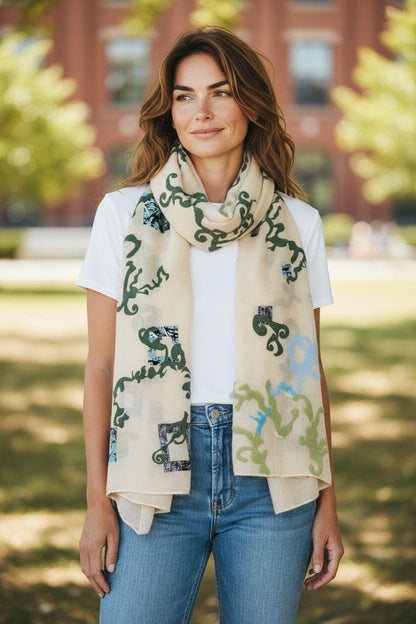 Boho Summer Shawl Wrap: Lightweight Beige Scarf with Puffy Swirls