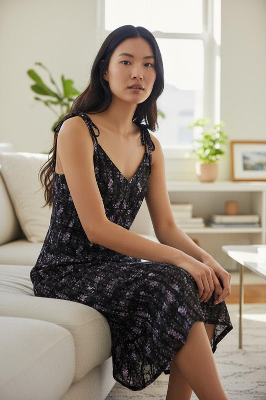 Black Floral Chiffon Midi Dress – womens gift & Holiday Outfit