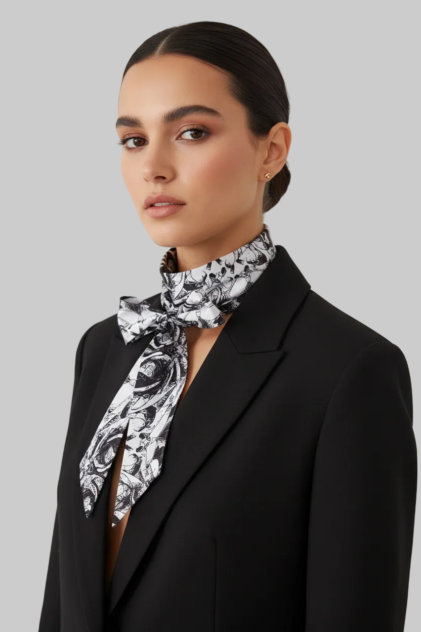 Silky Skinny Scarf: Abstract Blossom Print, Black and White Necktie