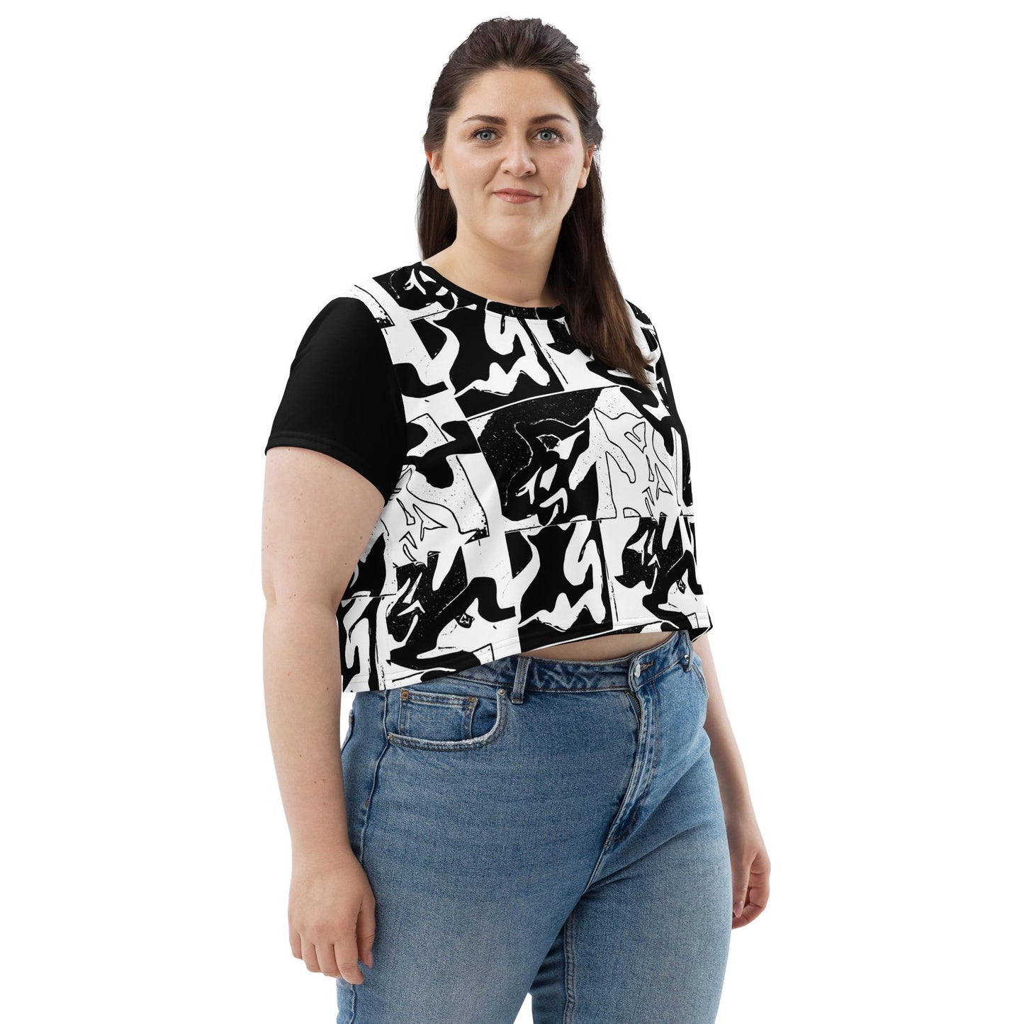 Monochrome Crop Top - Abstract Print, Stylish Knit Jersey