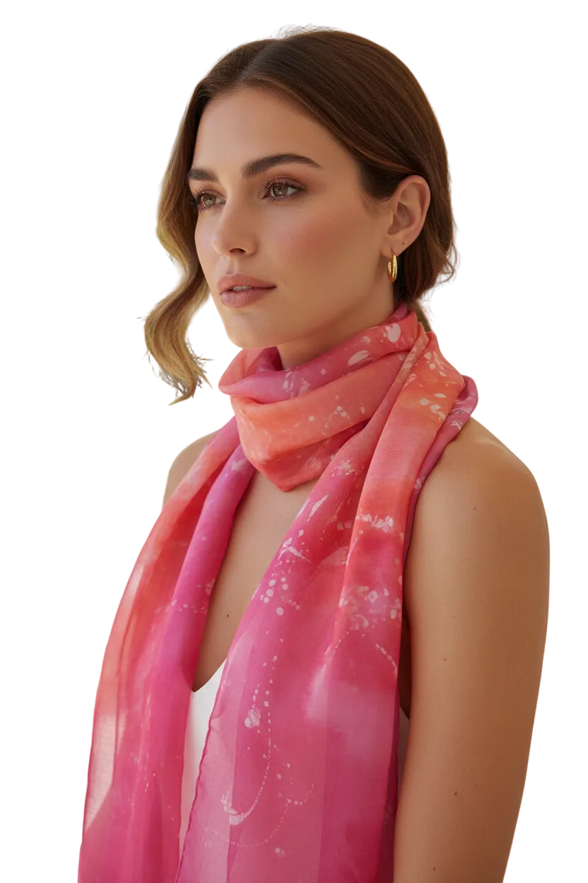 Handcrafted Batik Silk Scarf: Pink Blossoms, Light Purple Accessory