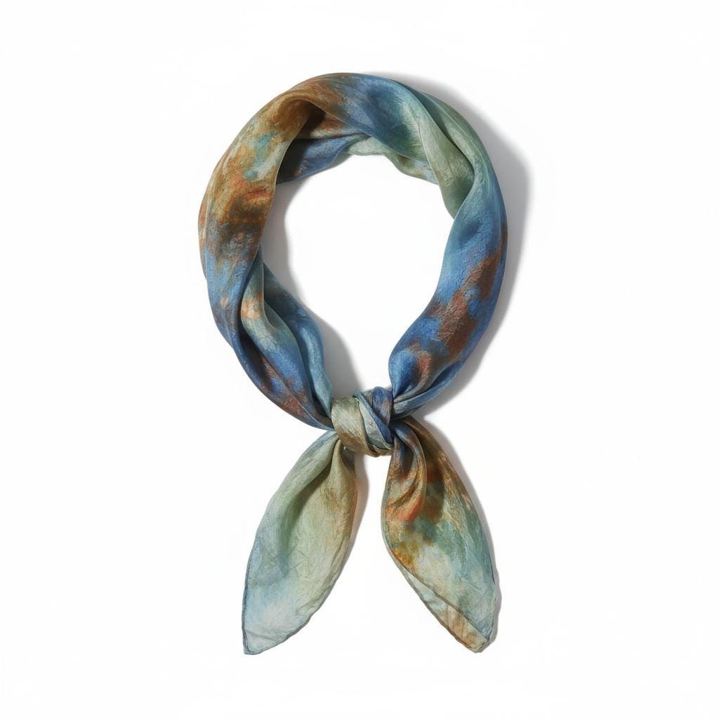 Blue and yellow gold square scarf, stunning abstract design in shades of blue, perfect for adding elegance to any outfit, great gift idea.