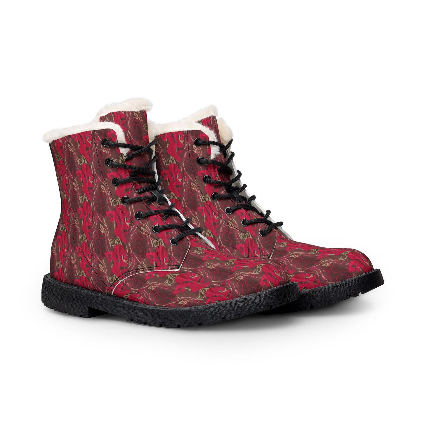 Red Floral Fur-Lined Leather Boots — Women's Winter Lace-Up Fashion Boots