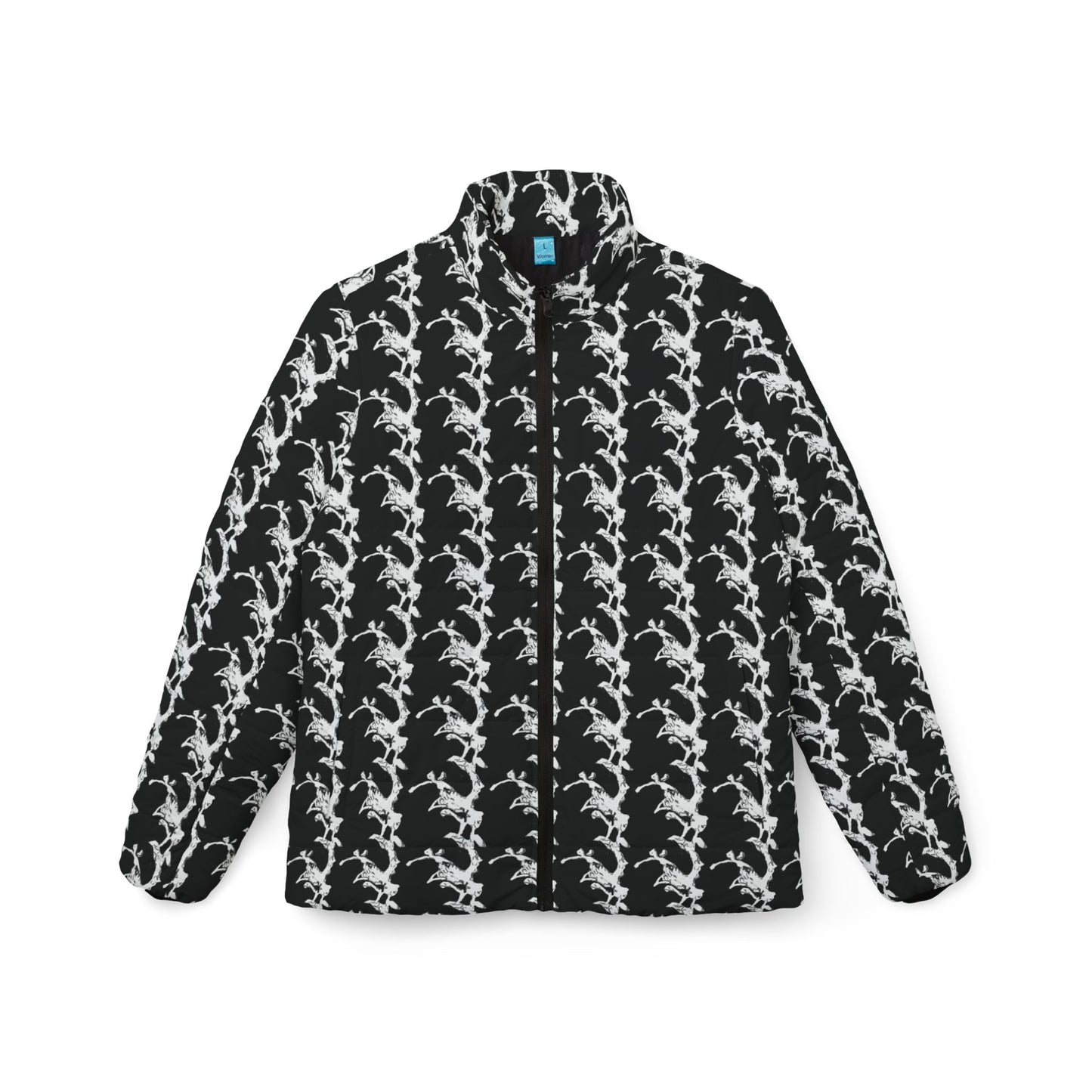 Black and White Lightning Stripe Puffer Jacket | All-Over Print