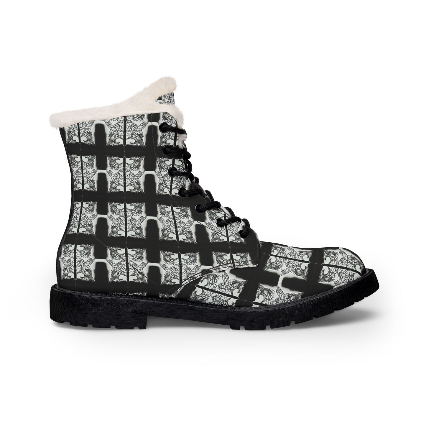Faux Fur-Lined Leather Combat Boots — Black Plaid Winter Boots for Women
