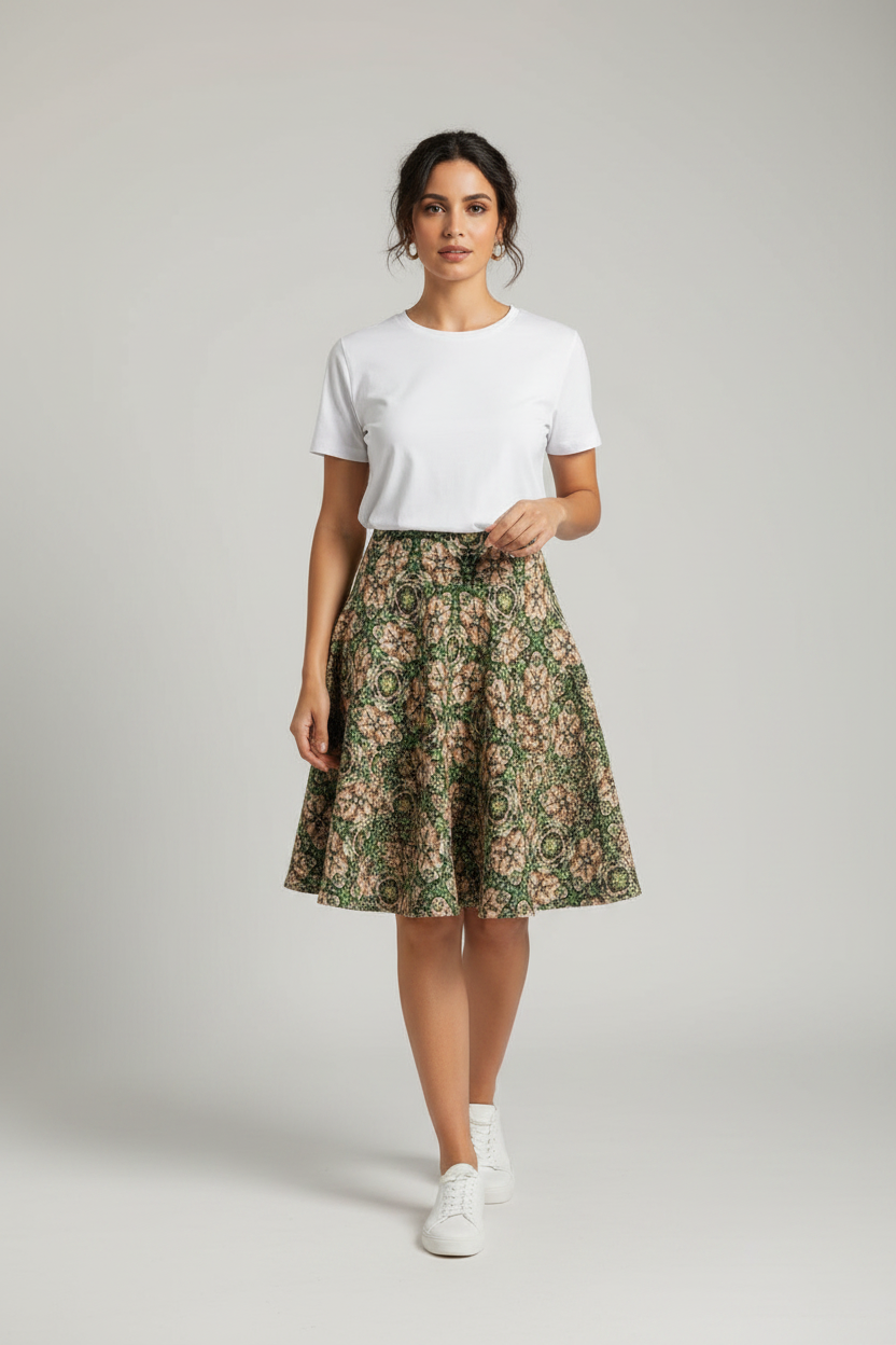 Floral Kaleidoscope Skater Skirt — Green Vintage Patterned AOP