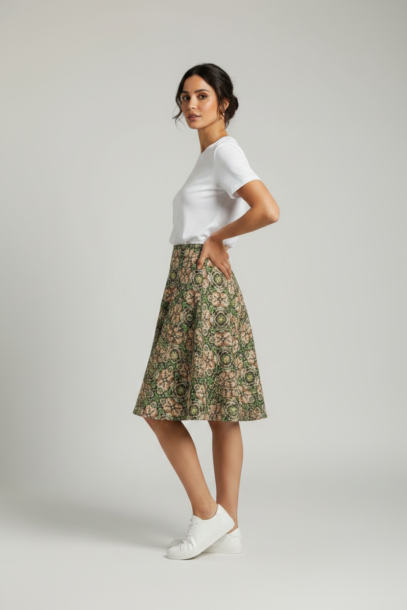 Floral Kaleidoscope Skater Skirt — Green Vintage Patterned AOP