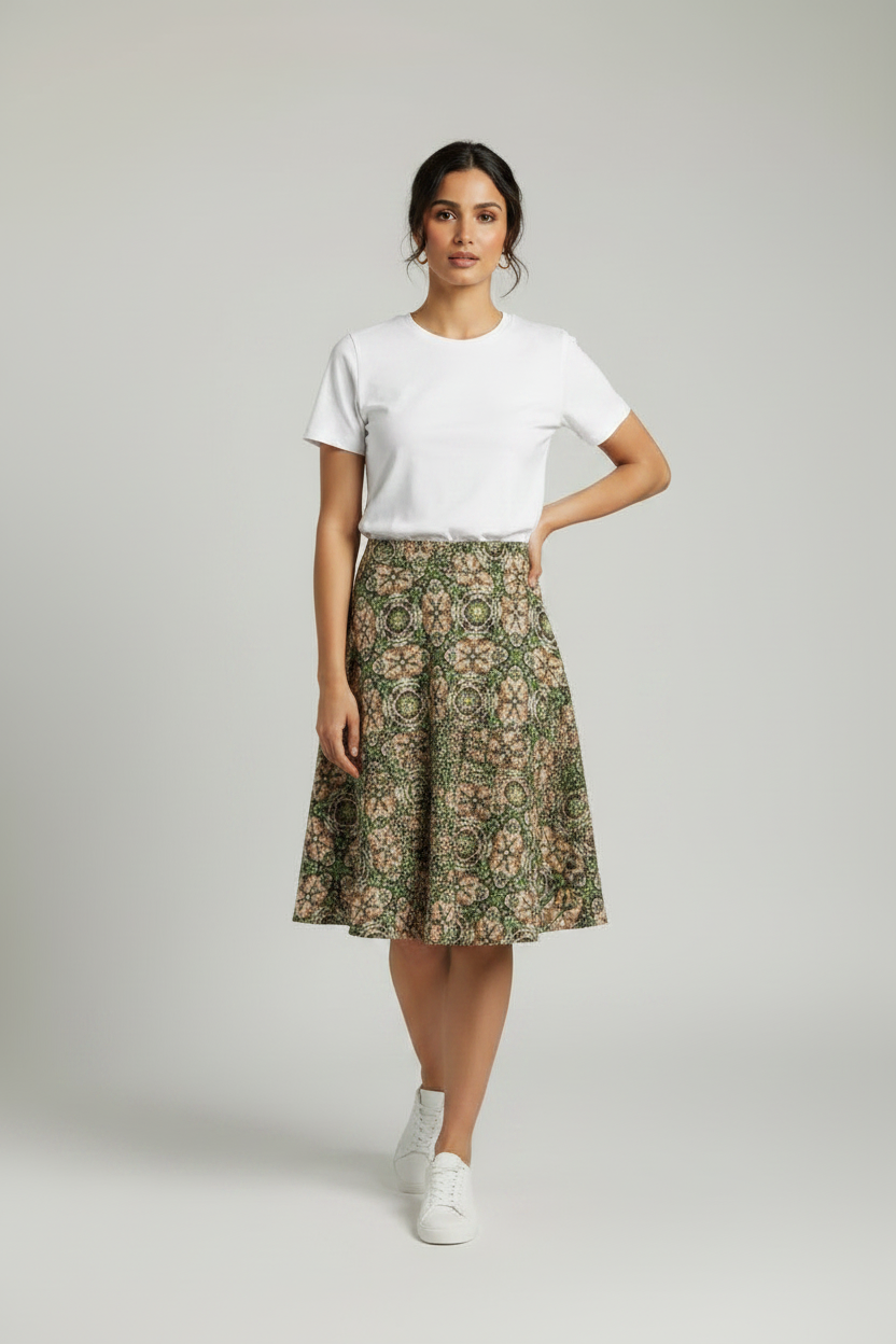 Floral Kaleidoscope Skater Skirt — Green Vintage Patterned AOP