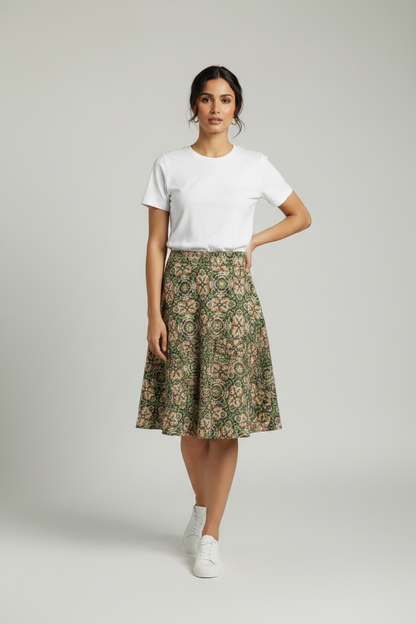 Floral Kaleidoscope Skater Skirt — Green Vintage Patterned AOP