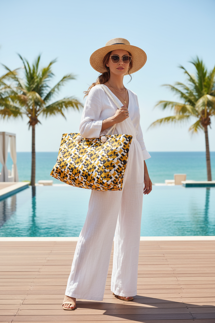 Geometric Mustard Check Weekender Bag — Large Patterned Travel Tote