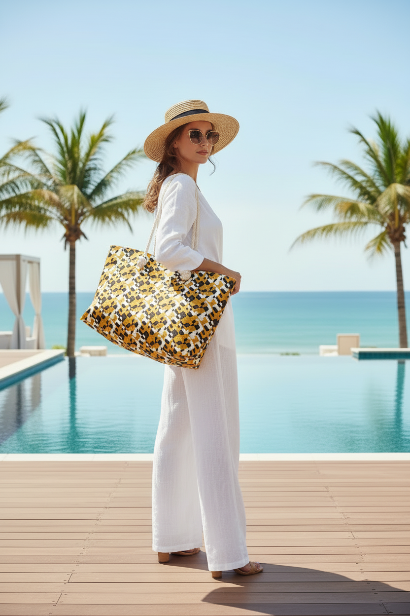 Geometric Mustard Check Weekender Bag — Large Patterned Travel Tote