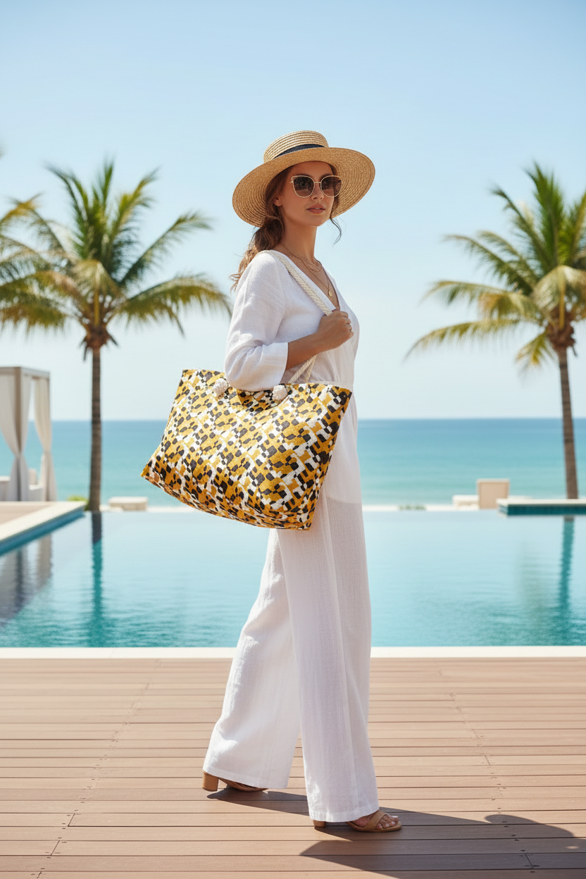 Geometric Mustard Check Weekender Bag — Large Patterned Travel Tote