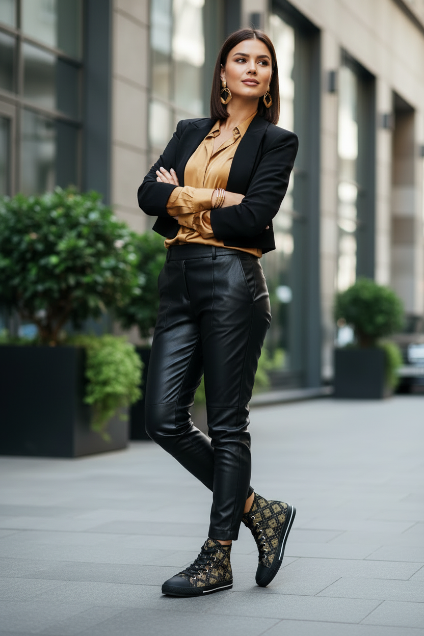 Black and Gold Women's High Top Sneakers, Trendy Boy Shoes, Comfy Shoes for Women, Stylish High Tops, Fashionable Sneakers