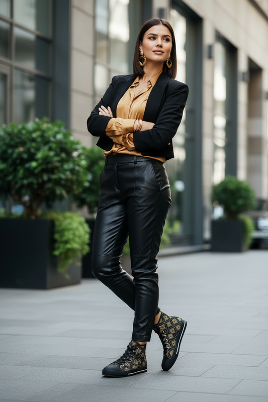 Black and Gold Women's High Top Sneakers, Trendy Boy Shoes, Comfy Shoes for Women, Stylish High Tops, Fashionable Sneakers