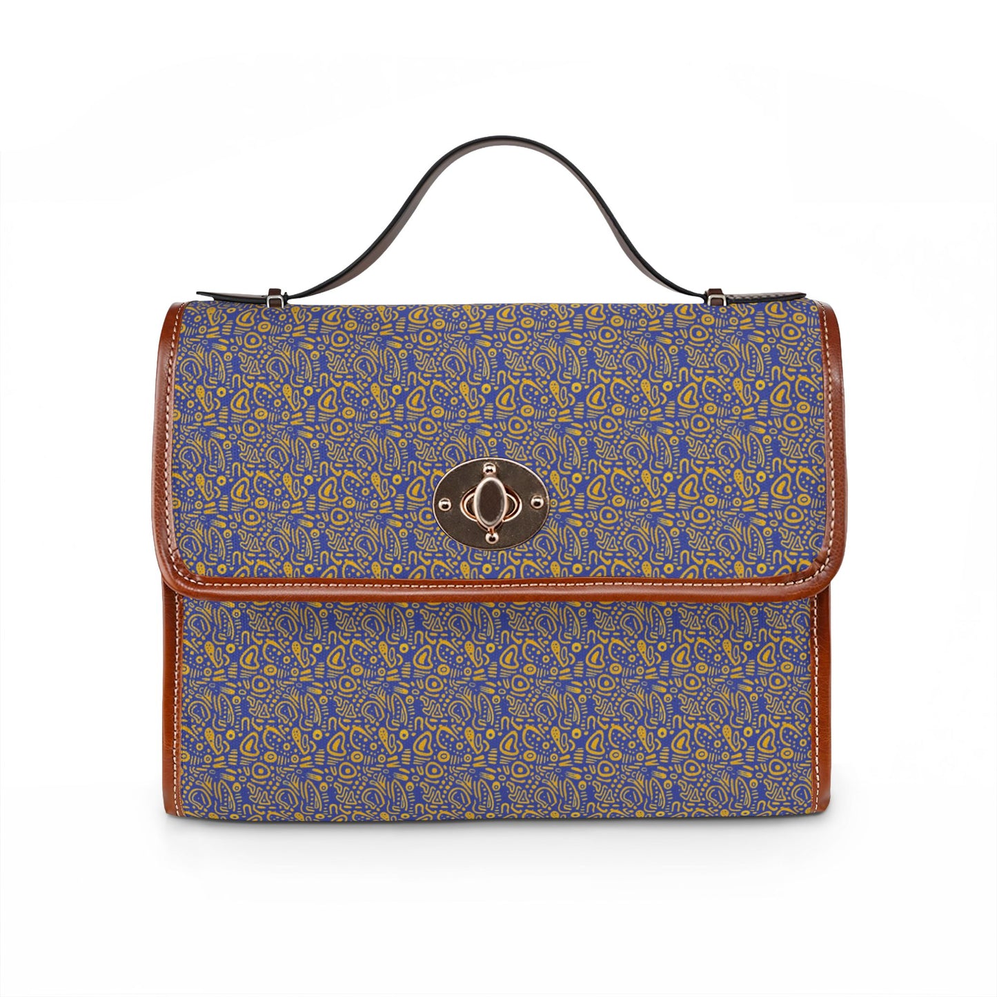 Waterproof Canvas Satchel Bag — Vintage Floral Pattern, Leather Trim