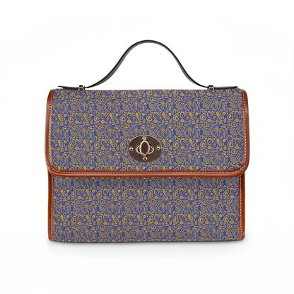 Waterproof Canvas Satchel Bag — Vintage Floral Pattern, Leather Trim