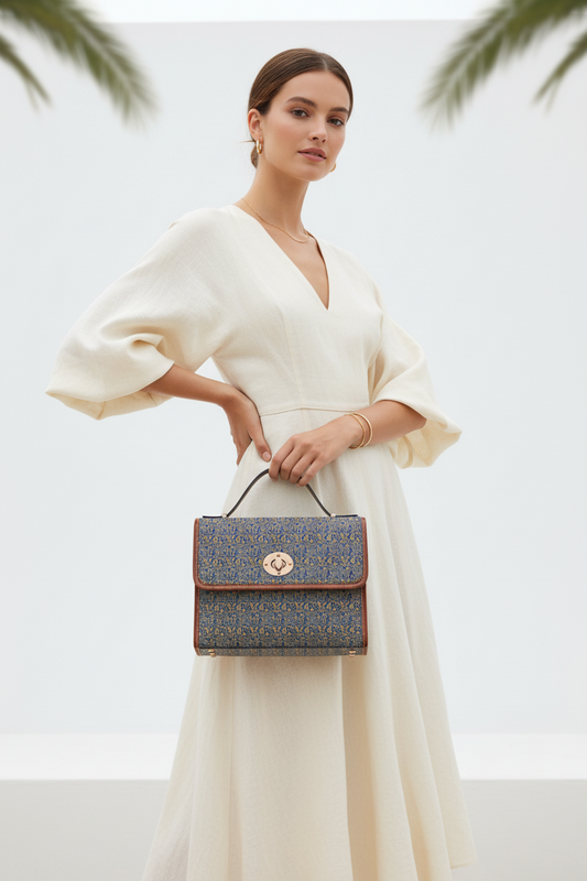Waterproof Canvas Satchel Bag — Vintage Floral Pattern, Leather Trim
