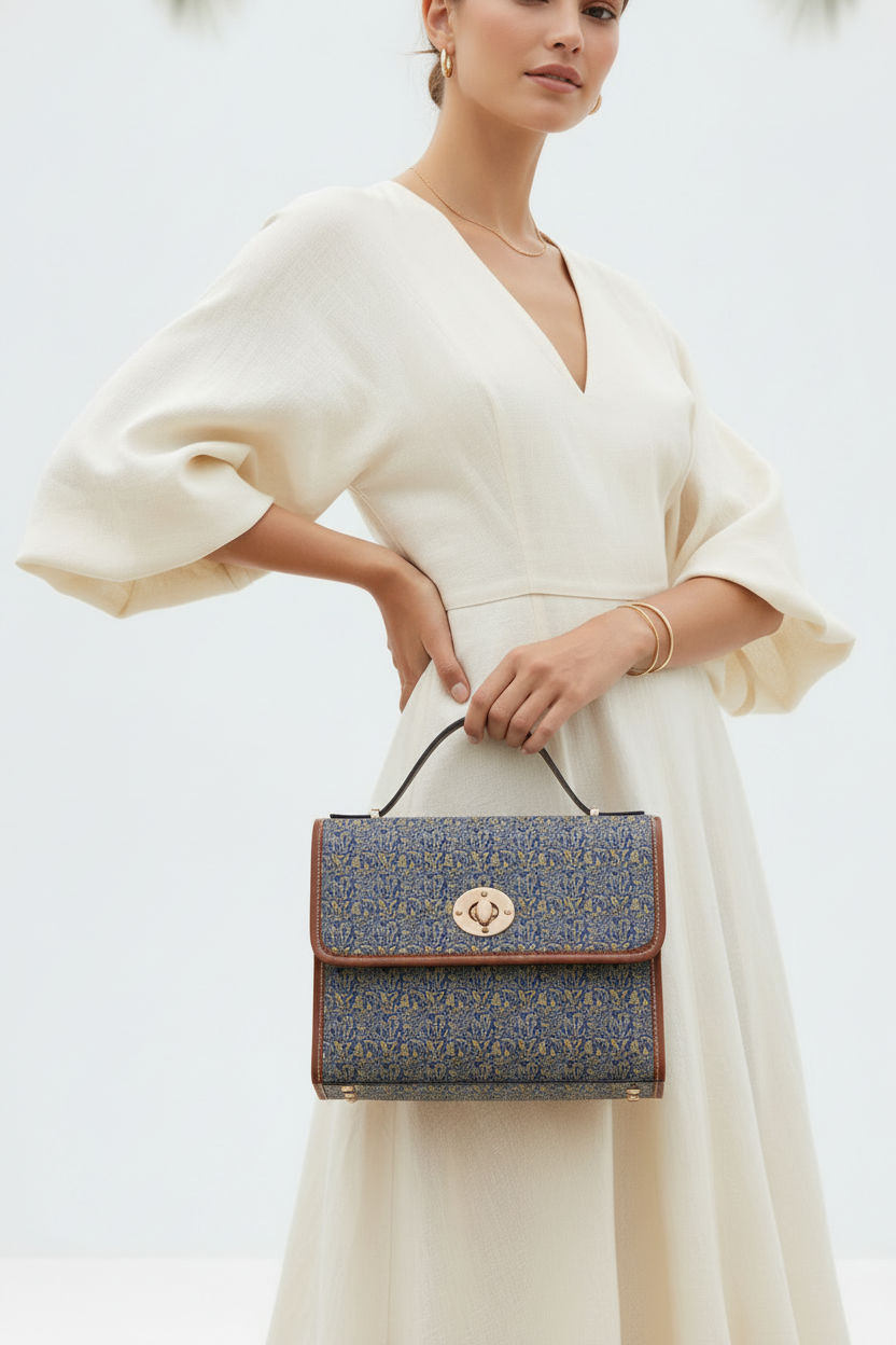 Waterproof Canvas Satchel Bag — Vintage Floral Pattern, Leather Trim