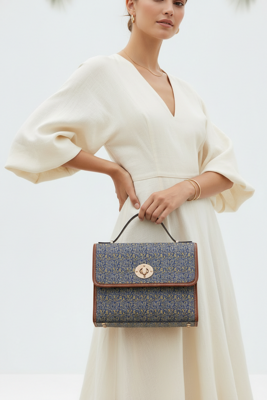 Waterproof Canvas Satchel Bag — Vintage Floral Pattern, Leather Trim