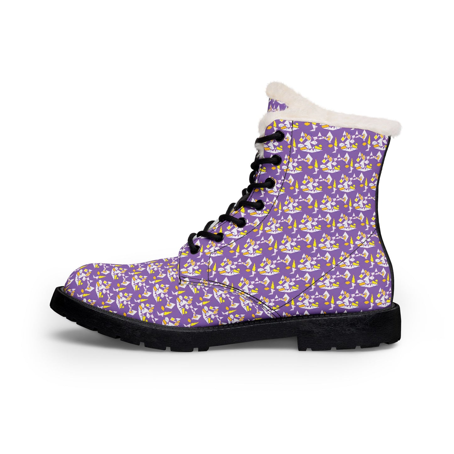 Purple Floral Fur-Lined Leather Boots — Women's Cozy Winter Lace-Up Boots